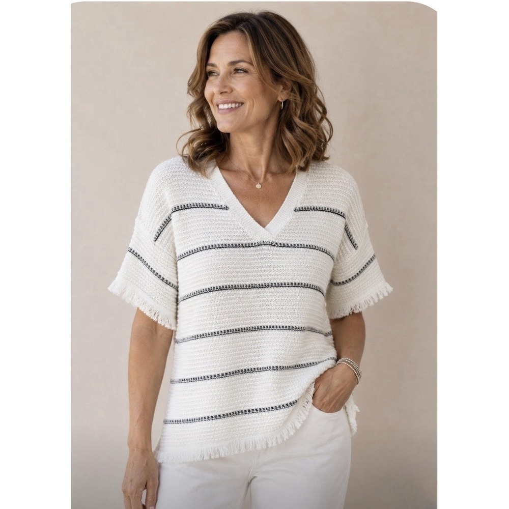 Lou & Grey Ivory Navy Stripe Short Sleeve V Neck Open Knit Sweater Top Sz Large